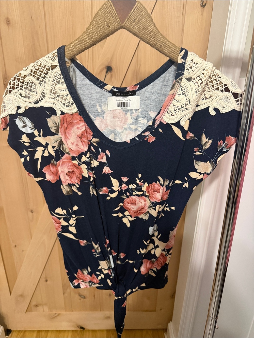 Navy Floral Lace-Shoulder Tie Front Crop Top